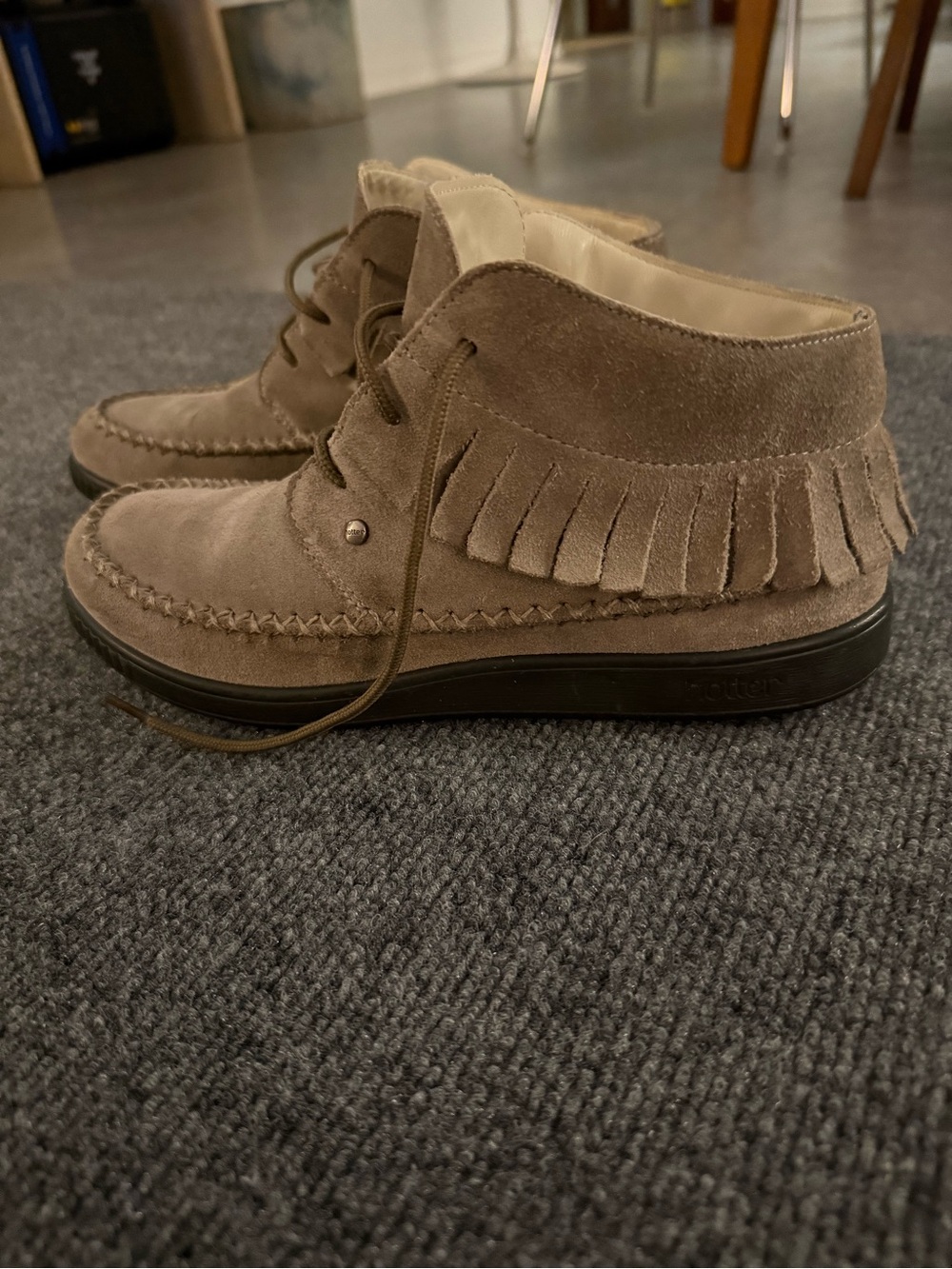 Hotter Faith Suede Moccasin Ankle Boots Taupe Fringed Chukka Size 7.5